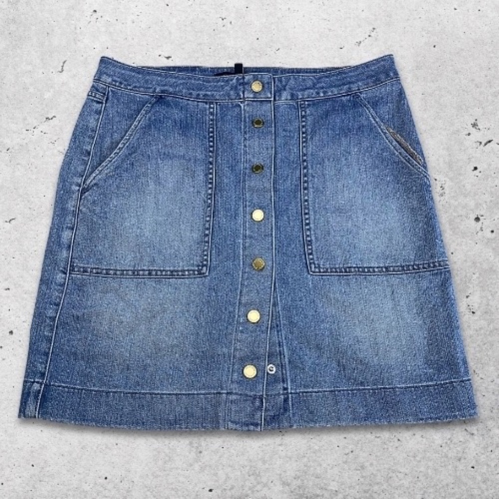 White House Black Market Mini Skirt‎ Front Buttons Patch Pocket Denim Blue W 8